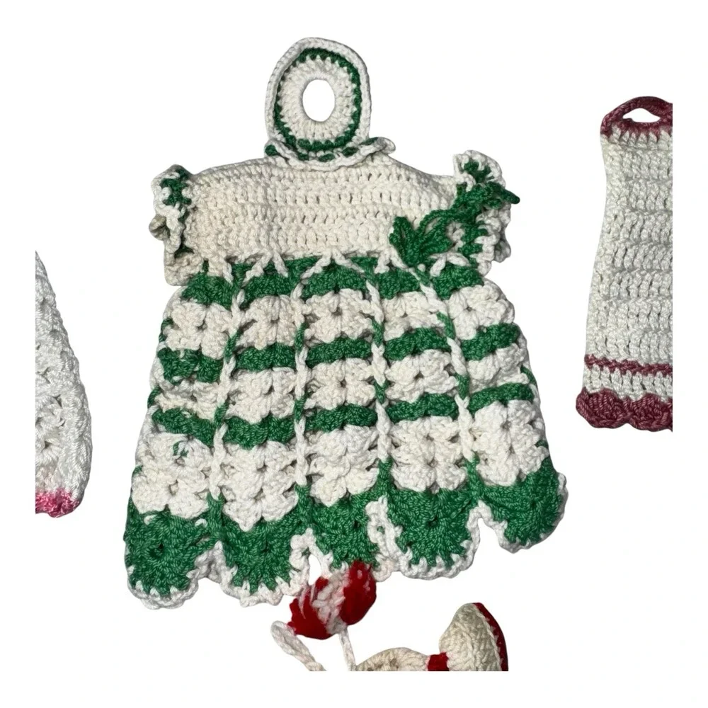 Vintage Crocheted Dress Shaped Pot Holders Hanging Loop 6 pcs